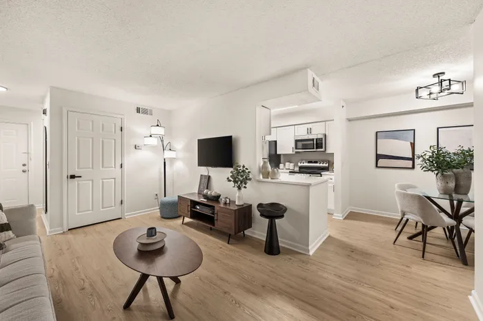 Modern open-plan living area with sleek laminate flooring, cozy sofa, elegant dining nook, and compact kitchen with stainless steel appliances.
