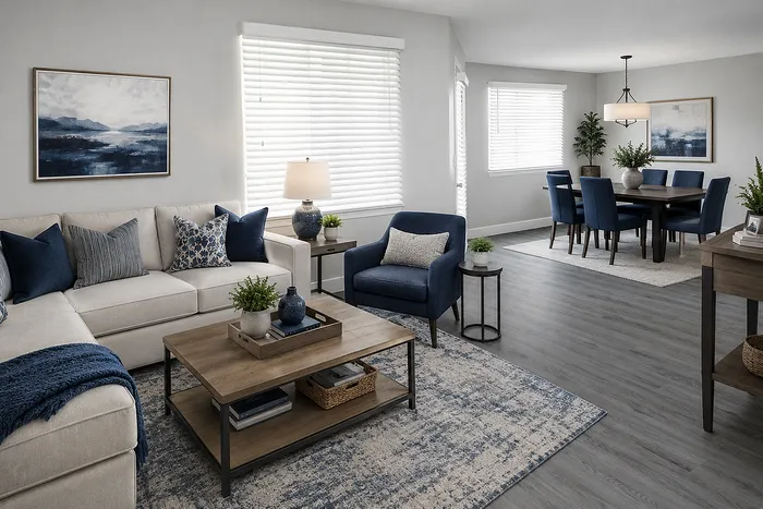 Elegant open-concept living room with modern decor, featuring a cozy cream sofa, stylish blue armchair, chic coffee table, and a spacious dining area with contemporary lighting.