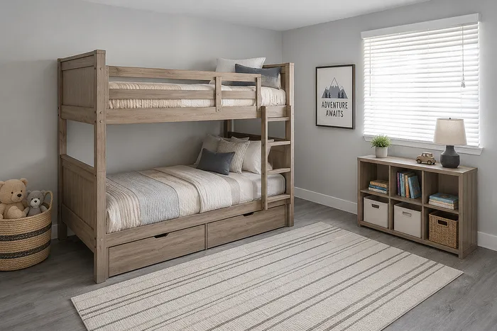 Charming bedroom with cozy wooden bunk beds, playful decor, and ample natural light for a welcoming family space.