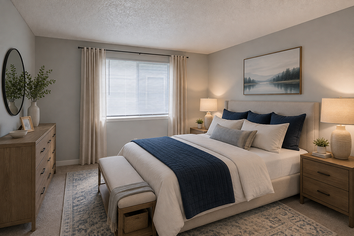 Serene bedroom with a soft color palette featuring a plush bed, elegant lamps, and tasteful decor, offering a tranquil retreat.