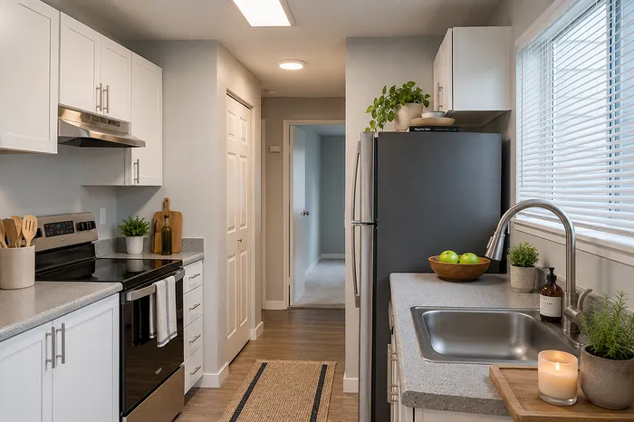 Inviting modern kitchen with sleek countertops, stainless steel appliances, and abundant natural light from large windows.