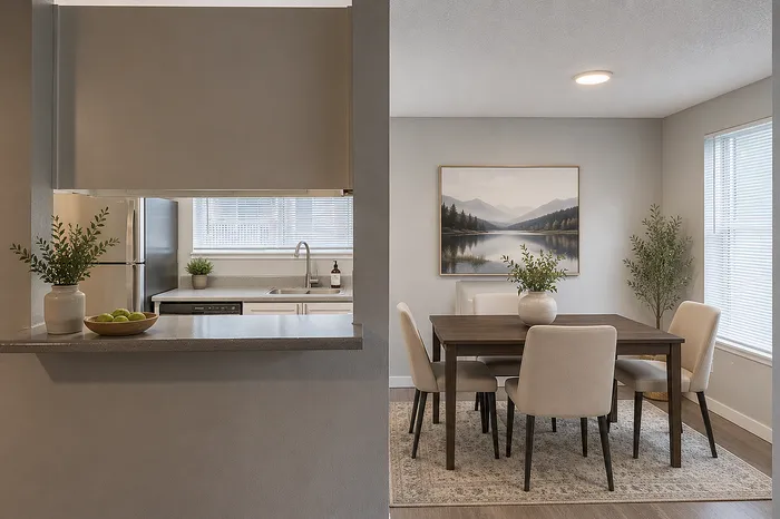 Modern kitchen and dining area with sleek stainless steel appliances, elegant wooden dining table, and natural light streaming through wide windows.