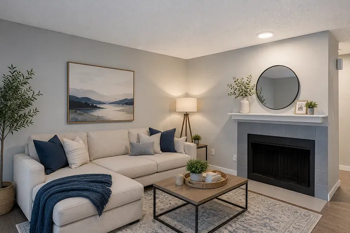 Inviting living room featuring a cozy beige sectional, modern fireplace, and elegant decor with a tranquil landscape painting.