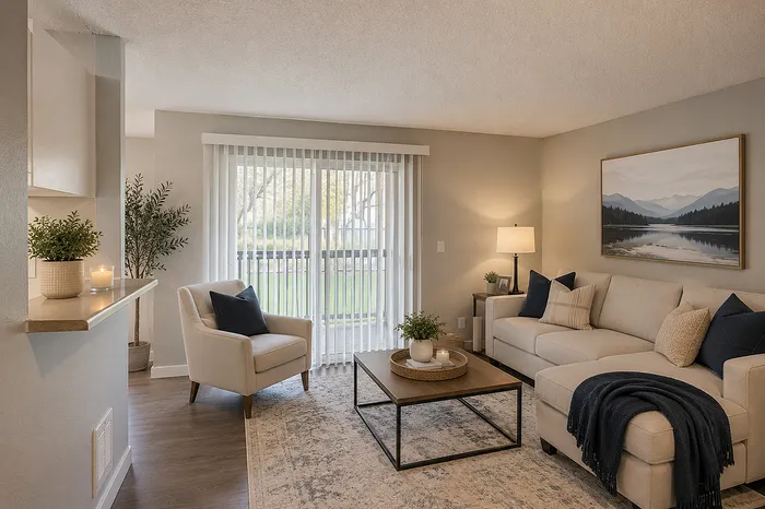 Inviting living room with elegant decor, featuring a comfortable beige sectional sofa, stylish armchair, and a large window with scenic views of greenery.
