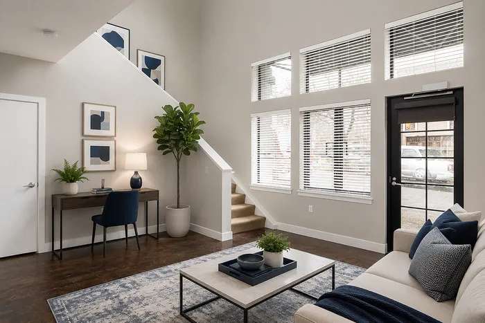 Bright and modern living room boasting high ceilings, stylish decor, and ample natural light from large windows.