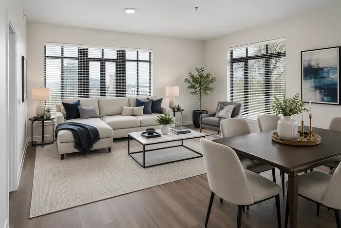 Elegant open-concept living and dining area with a cozy modern design, featuring a stylish beige sofa, sleek coffee table, and warm natural lighting.