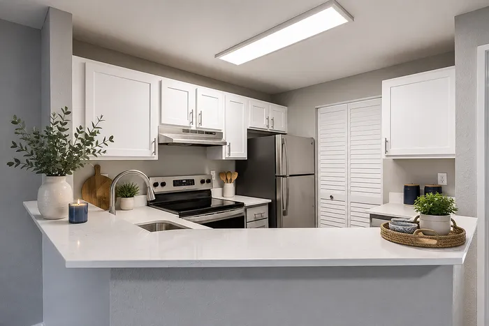 Modern kitchen with sleek stainless steel appliances, elegant white cabinetry, and stylish countertops, illuminated by bright overhead lighting.