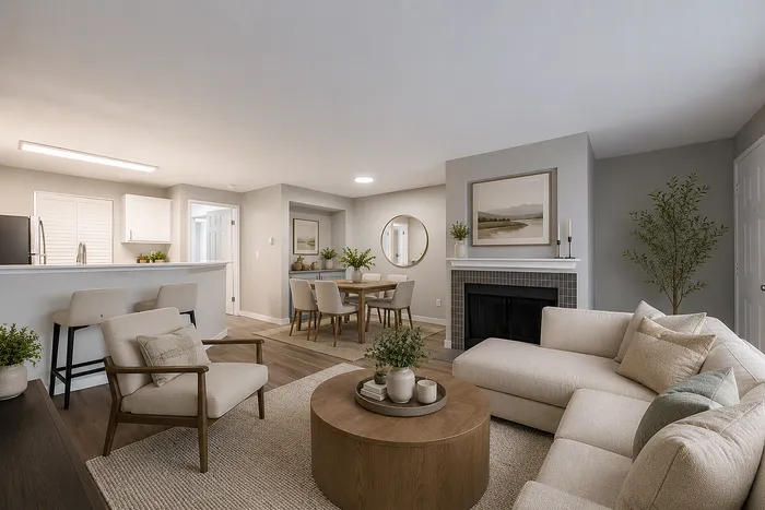 Chic open-concept living area with cozy seating, elegant dining space, and modern kitchen, perfect for entertaining.