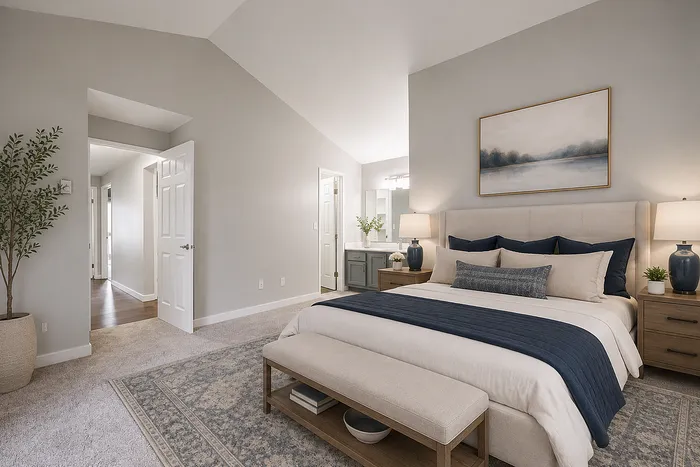Elegant bedroom with plush carpet, stylish decor, and calming neutral tones, featuring a spacious layout and tranquil ambiance.