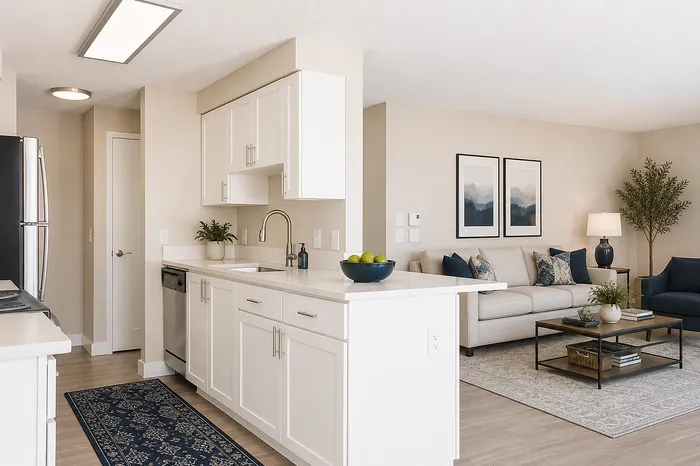 Modern open-concept kitchen and living room with white cabinetry, cozy seating, and stylish decor.