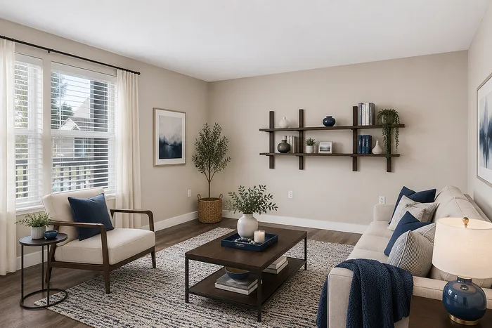 Elegant living room with modern decor featuring a cozy beige sofa, stylish armchair, and a chic coffee table. Natural light floods the room through large windows with white blinds, highlighting wall art and a trendy bookshelf.