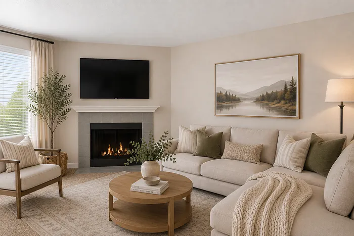 Cozy living room with a fireplace, elegant decor, and ample seating, ideal for relaxation and entertaining.