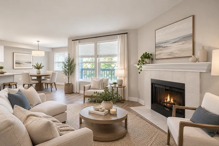 Inviting living room with cozy fireplace, plush seating, elegant dining area, and abundant natural light.