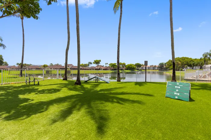 Pet-friendly outdoor space with agility equipment and lush green landscape near a serene lake view, perfect for outdoor activities.
