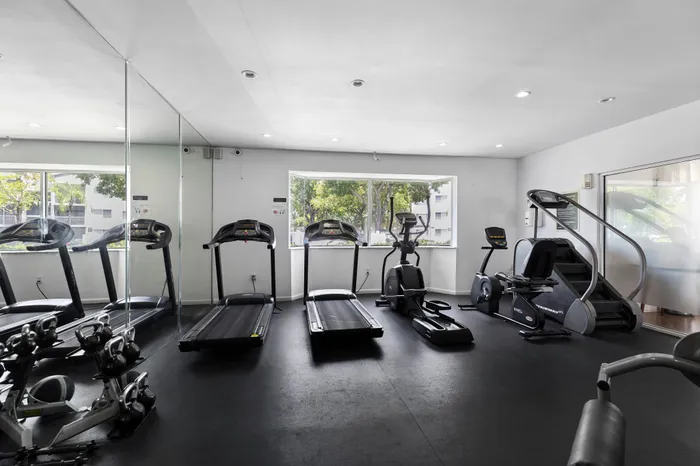 Spacious fitness center equipped with treadmills, elliptical machines, and kettlebells, offering a bright view through large windows.