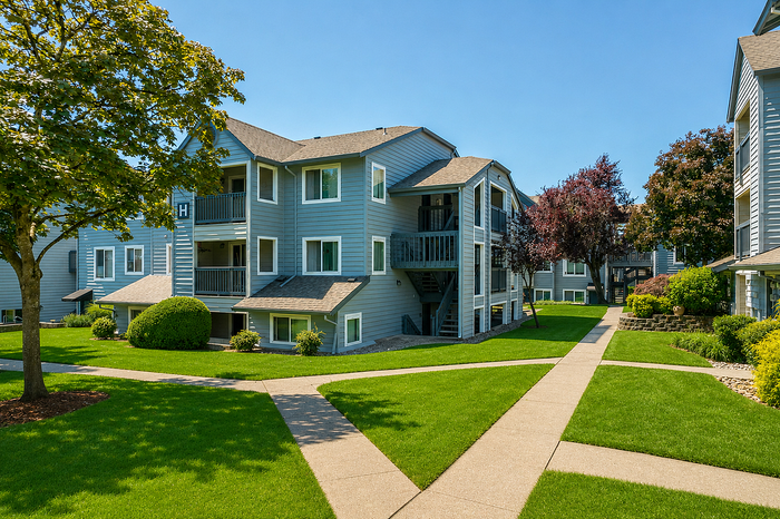 Elegant apartment building surrounded by lush green lawns and mature trees, offering a serene living environment.