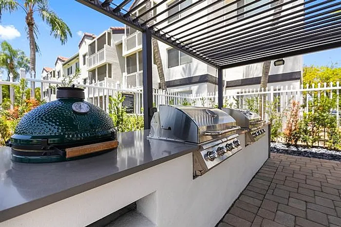 Modern outdoor kitchen with grill and greenery, perfect for entertaining guests in a stylish apartment setting.