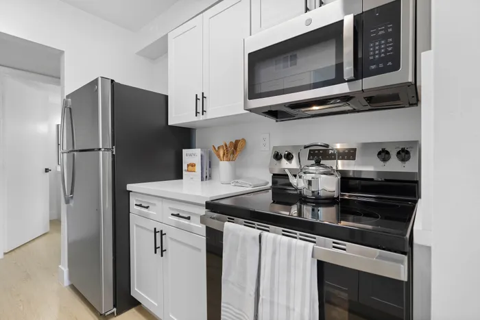 Modern kitchen with sleek stainless steel appliances, crisp white cabinetry, and elegant countertops, perfect for culinary enthusiasts.