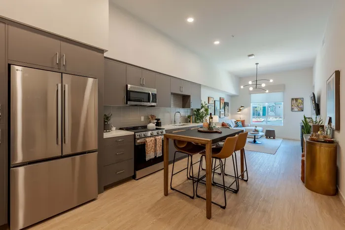 Modern open-concept kitchen and living area with sleek appliances, stylish dining space, and vibrant decor, offering a welcoming and contemporary atmosphere.