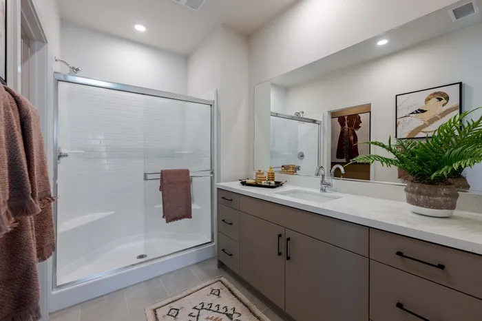 Modern bathroom design featuring a spacious walk-in shower, elegant vanity with contemporary fixtures, and stylish decor elements.