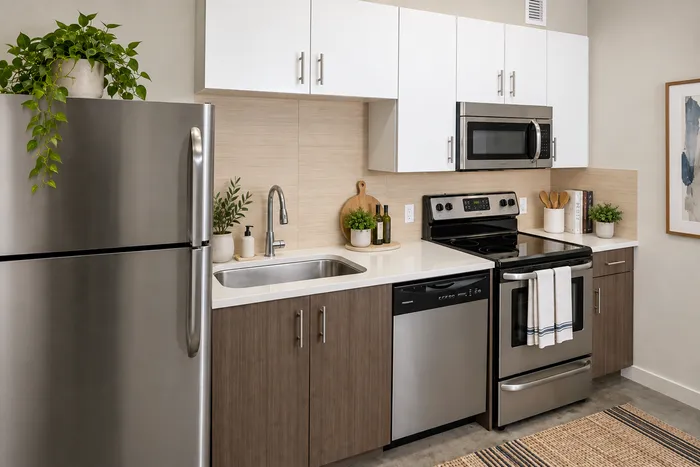 Modern kitchen with stainless steel appliances, elegant cabinetry, and potted plants for a fresh, inviting atmosphere.