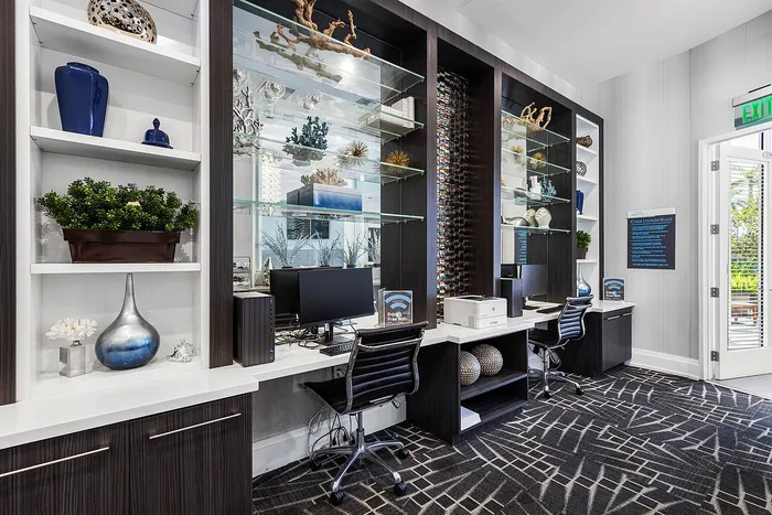 Modern and inviting workspace with sleek shelving, stylish decor, and state-of-the-art computer setup in a bright open area.