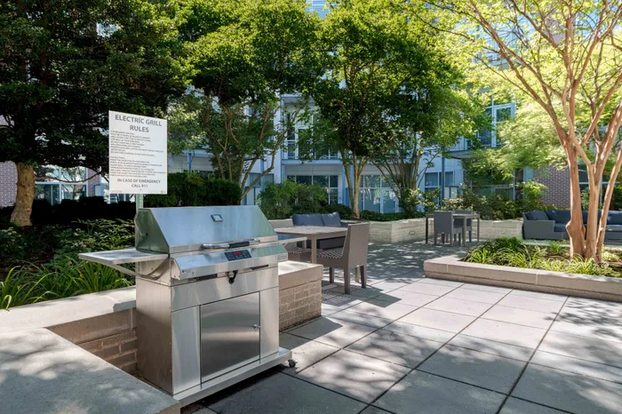 Charming outdoor courtyard with a stainless steel grill, cozy seating areas, and lush green trees for a perfect relaxation spot.