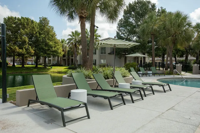 Lounge Chairs overlooking pond and palm trees