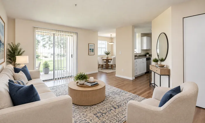 Bright and inviting living area with plush seating, elegant decor, and natural light flowing through sliding glass doors, leading to a scenic outdoor view.