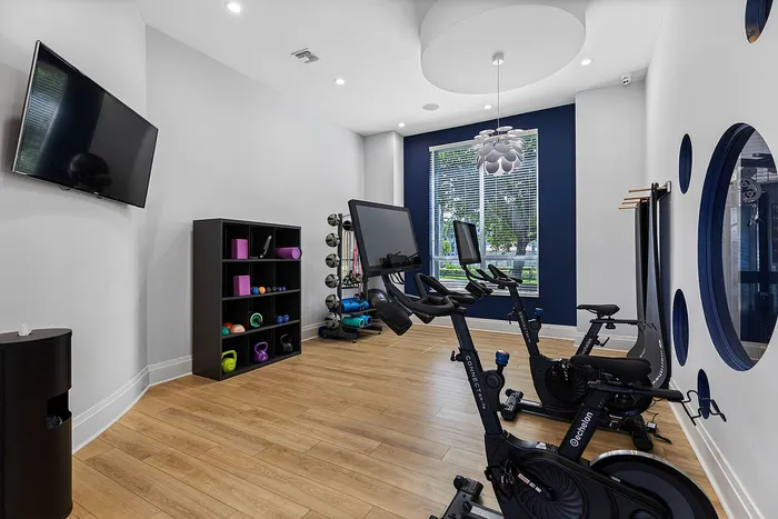 Modern fitness room featuring stationary bikes, mounted TV, and vibrant exercise equipment on wooden flooring.