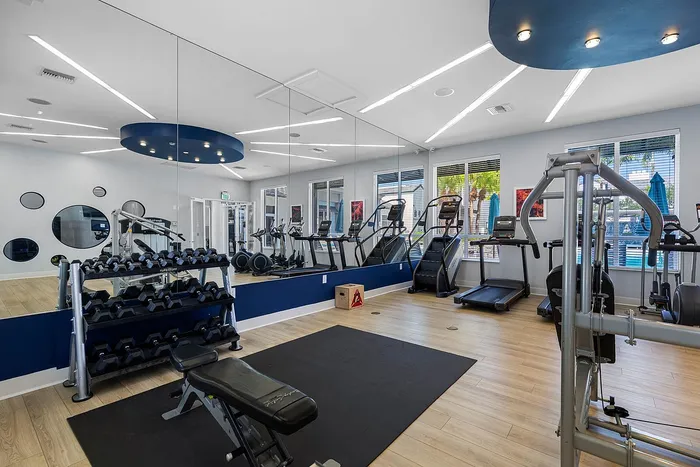 Contemporary fitness center with state-of-the-art equipment, including treadmills, elliptical machines, and a comprehensive free weights section.