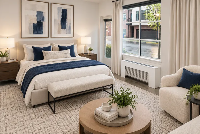 Elegant bedroom with a large window, stylish decor, and cozy seating area, featuring a modern design and inviting ambiance.