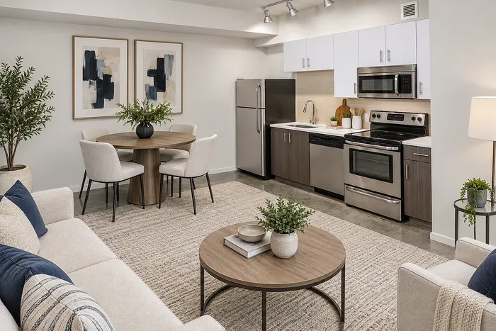 Elegant open-plan living room and kitchen with modern stainless steel appliances, chic dining area, and stylish decor.