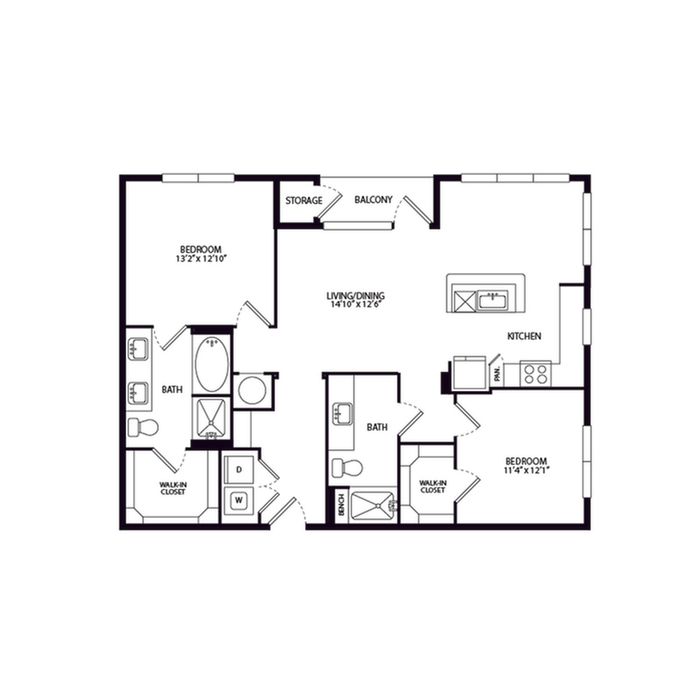Modern floor plan showcasing two spacious bedrooms, open living/dining area, sleek kitchen with island, two baths, balcony, and ample storage. Ideal for stylish urban living.