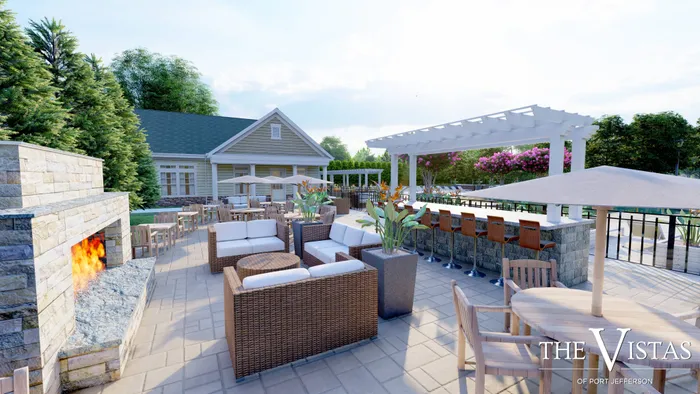 Outdoor seating, fire place and bar