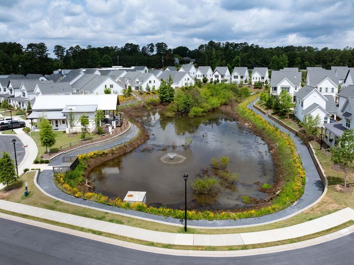 Charming residential community with picturesque pond, surrounded by modern white homes and lush greenery, perfect for serene living.
