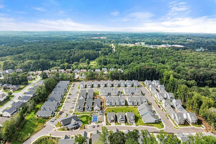 An inviting aerial view of a beautifully planned residential community surrounded by lush greenery, showcasing modern homes and ample outdoor spaces.