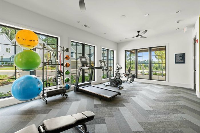 Modern fitness center with large windows, treadmills, stationary bike, vibrant exercise balls, and sleek design.