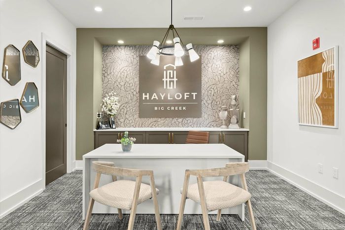 Chic modern office space with elegant decor and stylish furniture at Hayloft Big Creek.