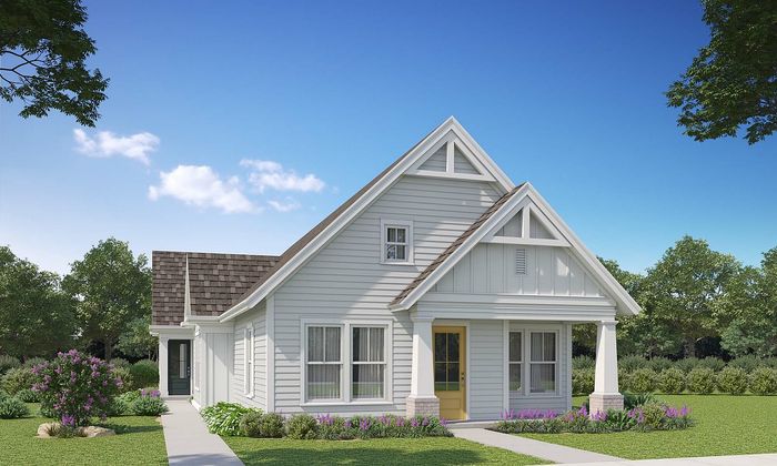 Charming modern farmhouse with a cozy grey exterior, elegant yellow door, and vibrant garden set against a clear blue sky.