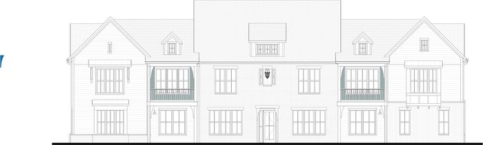 Elegant architectural elevation showcasing a charming two-story home with gabled rooflines, large windows, and welcoming balconies.