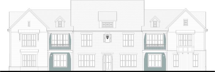Charming architectural elevation of a modern multi-unit residence featuring elegant windows, dormer roofs, and inviting balconies.