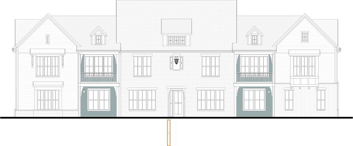 Elegant architectural elevation drawing of a charming two-story house with multiple large windows and a classic roof design.