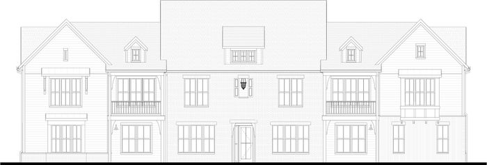 Elegant architectural elevation showcasing a charming, symmetrical two-story house with multiple windows and gabled roofs.