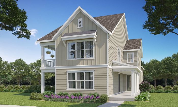 Charming two-story suburban home with a welcoming porch, elegant beige siding, and beautifully landscaped front yard.