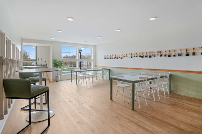 Bright and inviting creative space with elegant modern seating, large windows, and a charming paintbrush decor theme.