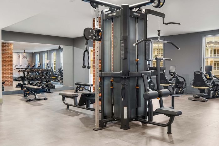 Contemporary fitness center featuring state-of-the-art gym equipment and mirrored walls, perfect for an invigorating workout.