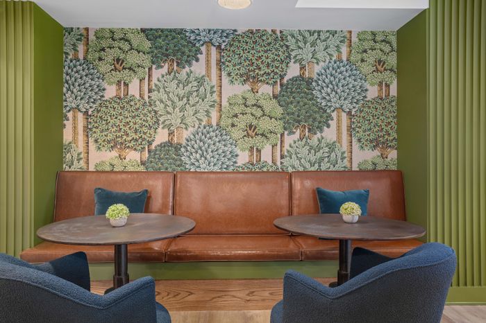 Chic seating area adorned with a vibrant botanical wallpaper, featuring leather bench seating and cozy blue chairs, creating a stylish and inviting ambiance.