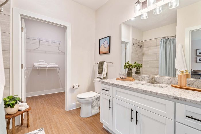 Inviting bathroom with elegant vanity, marble countertops, plush towels, and a cozy, modern design.
