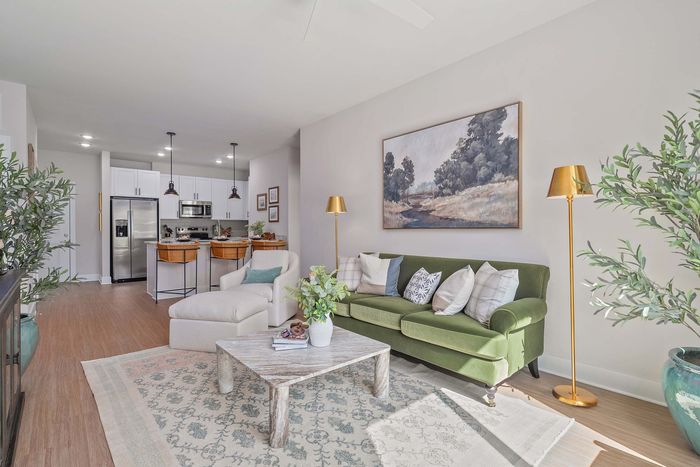 Charming open-concept living space featuring a cozy green sofa, elegant artwork, and a modern kitchen with sleek appliances.